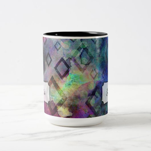 名前、水カラフル色抽象芸術を追加（ダイヤモンド付き） ツートーンマグカップ (中央)