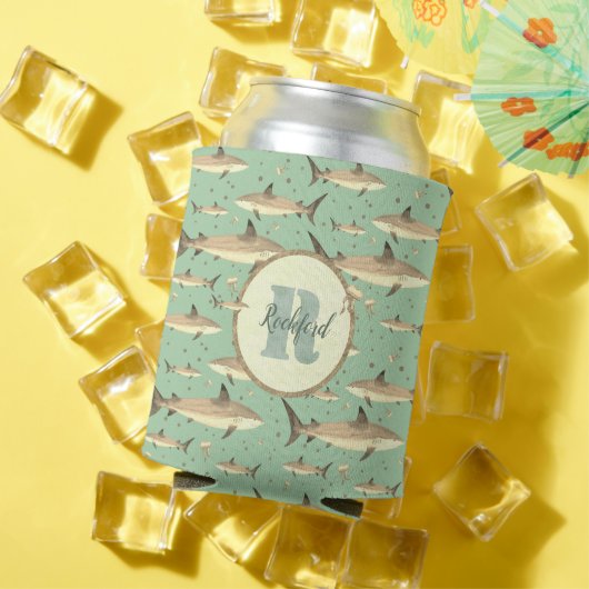 名前+水彩モノグラム🌊🐋グリーンシャーク 缶クーラー (インサイチュ 夏)