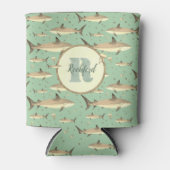 名前+水彩モノグラム🌊🐋グリーンシャーク 缶クーラー (正面)