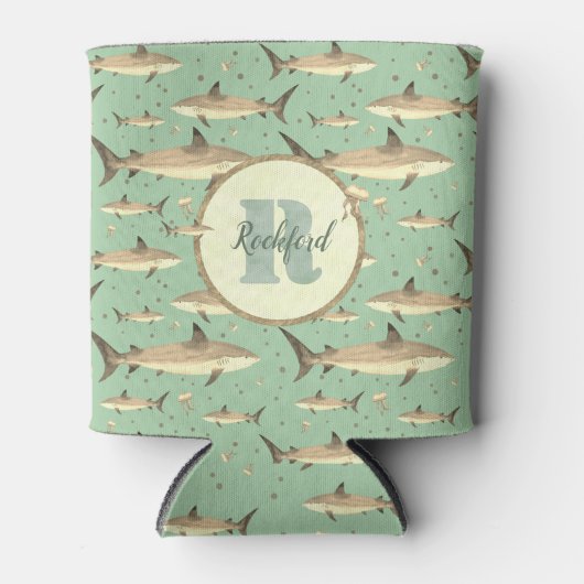 名前+水彩モノグラム🌊🐋グリーンシャーク 缶クーラー (正面)