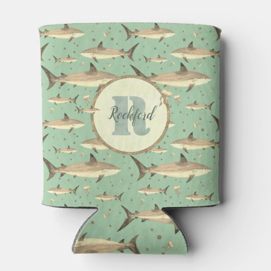 名前+水彩モノグラム🌊🐋グリーンシャーク 缶クーラー (裏面)