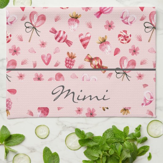 名前、水色バレンタイン飴のパターン キッチンタオル (折り畳み)