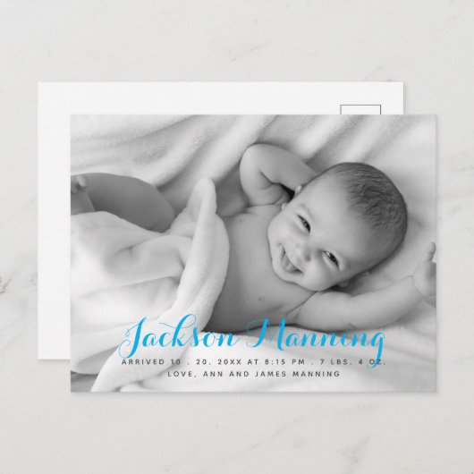 名前 |男の赤ちゃんブルースクリプト写真 案内ポストカード (正面/裏面)