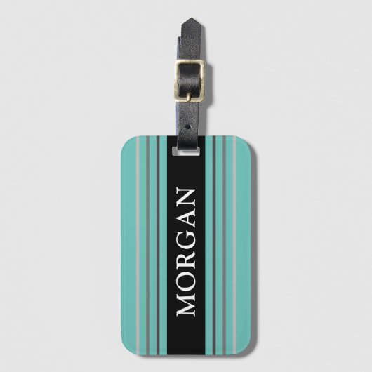 名前、白い文字、黒、グレーのストライプティール(緑がかった色)、ライト ラゲッジタグ (正面縦)