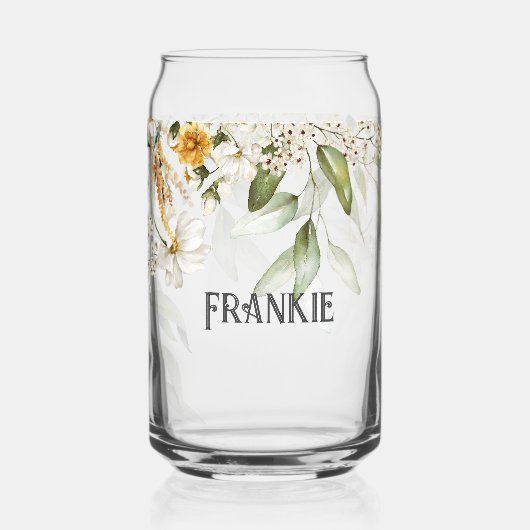 名前、白い魅力的金ゴールドフローラドロップ ガラス缶 (正面)