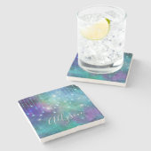 名前、紫とティール（緑がかった色）、照明と輝きをパーソナライズ ストーンコースター (横)