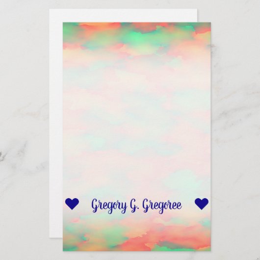 名前；緑、赤の水色のような抽象芸術パターン 便箋 (正面/裏面)