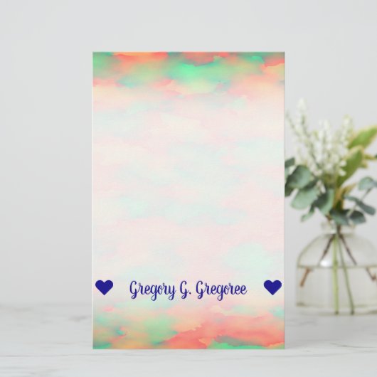 名前；緑、赤の水色のような抽象芸術パターン 便箋 (スタンド正面)