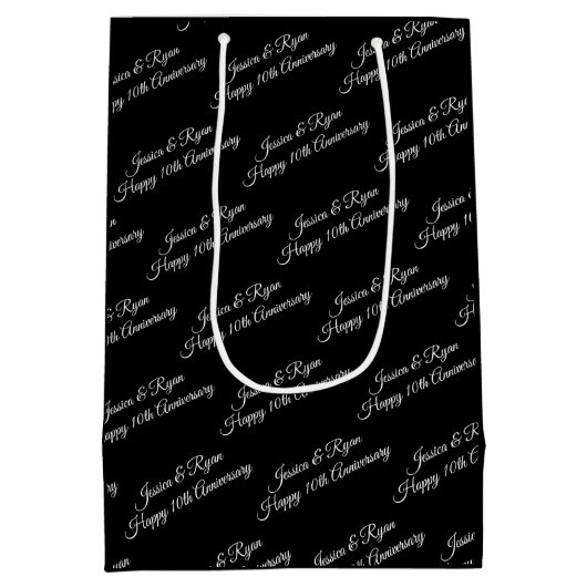 名前、記念日、白いスクリプト、黒 ミディアムペーパーバッグ (裏面)