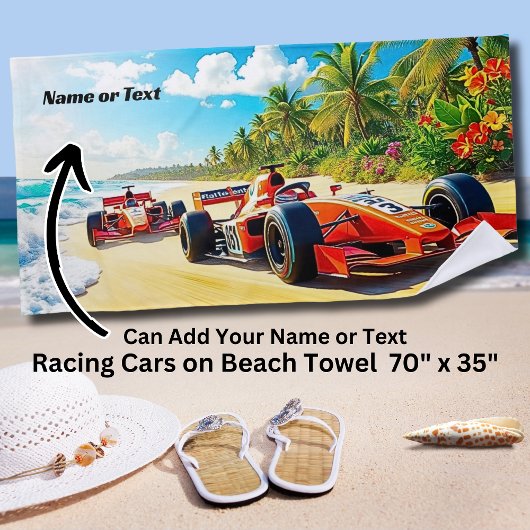 名前、赤いレーシングカー2台の砂 ビーチタオル