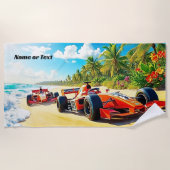 名前、赤いレーシングカー2台の砂 ビーチタオル (正面)