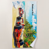 名前、赤いレーシングカー2台の砂 ビーチタオル (正面)