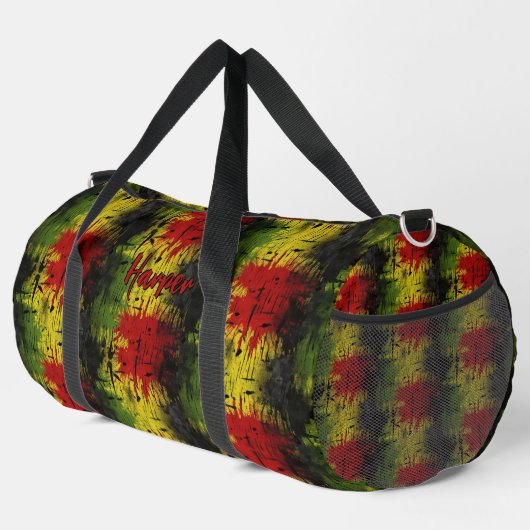 名前、赤い黄色の緑の黒を絵を描追加 ダッフルバッグ (右コーナー)