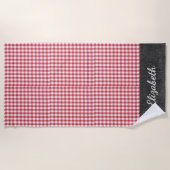 名前、赤と白のバッファローチェック、ブルーデニムプール – ビーチタオル (正面)