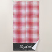 名前、赤と白のバッファローチェック、ブルーデニムプール – ビーチタオル (正面)