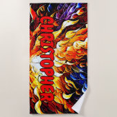 名前、赤オレンジ色の青い炎のビーチタオルを追加 ビーチタオル (正面)