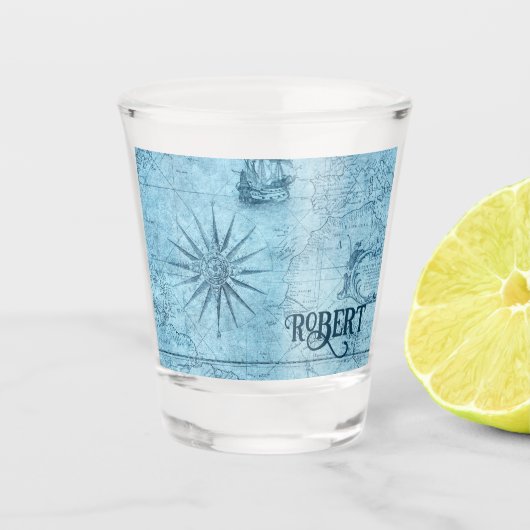 名前、青フェイク旧世界地図1.5oz ショットグラス (正面)