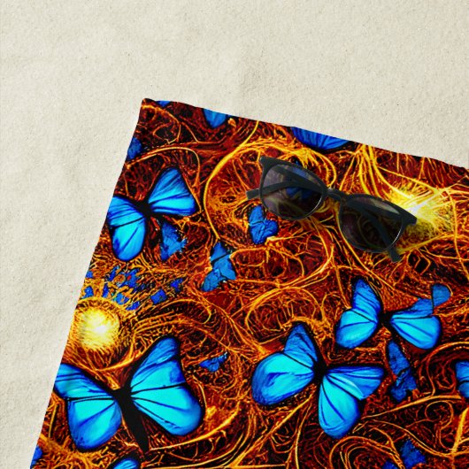 名前、黄金の渦巻きに明るい青の蝶を追加 ビーチタオル (インサイチュ)