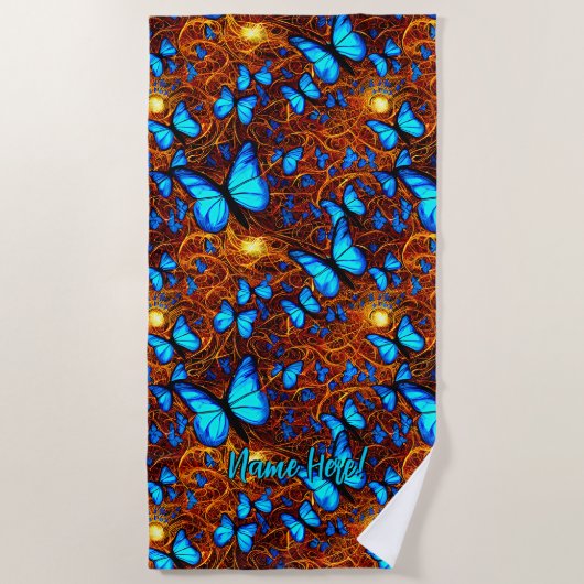 名前、黄金の渦巻きに明るい青の蝶を追加 ビーチタオル (正面)