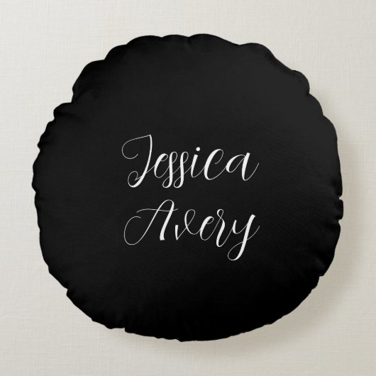 名前 |黒エレガントの編集可能な白のスクリプト ラウンドクッション (正面)