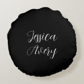 名前 |黒エレガントの編集可能な白のスクリプト ラウンドクッション (裏面)