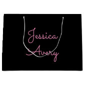 名前 |黒クール色の編集可能ピンクスクリプト ラージペーパーバッグ (正面)