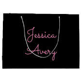 名前 |黒クール色の編集可能ピンクスクリプト ラージペーパーバッグ (裏面)