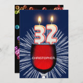 名前、32番目の誕生日パーティーの招待、ワインの追加 招待状 (正面/裏面)