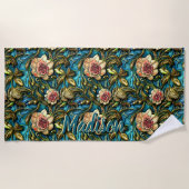 名前、3Dピンクの花の緑の葉青色を追加 ビーチタオル (正面)