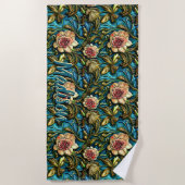 名前、3Dピンクの花の緑の葉青色を追加 ビーチタオル (正面)