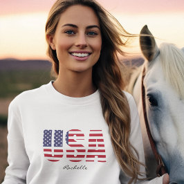 名前， USAステンシルデザイン，基本長袖の女性 Tシャツ