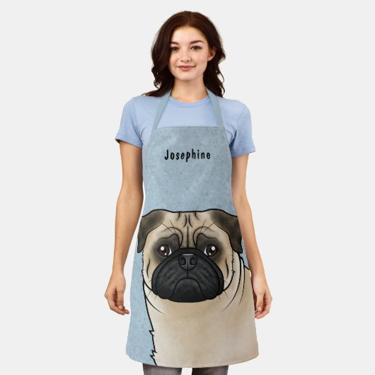 名前BlueでクローズアップFawn Pug Cartoon Dog Head エプロン (着用した状態)