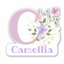 名前Camelliaプラスイニシャルとフローラデザイン シール
