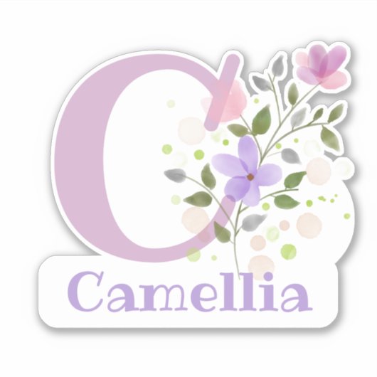 名前Camelliaプラスイニシャルとフローラデザイン シール (正面)