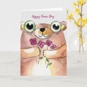 名前Day水色クマとブーケ カード (黄色い花)