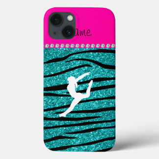 名前gymnastターコイズグリッターゼブラストライプ iPhone 13ケース