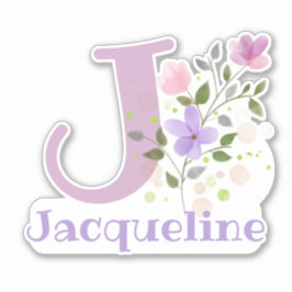 名前Jacqueline & イニシャルとフローラデザイン シール