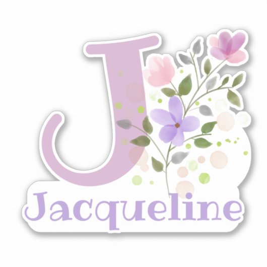 名前Jacqueline & イニシャルとフローラデザイン シール (正面)
