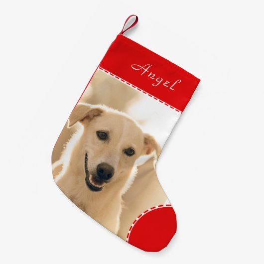 名前l Red Trimのペット写真を作成 スモールクリスマスストッキング (正面 (吊り時))