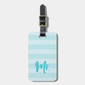 名前Mr. Blueのパーソナライズ名門私立校風のストライプ ラゲッジタグ (正面縦)