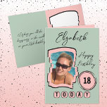 名前photo pink green 18th birthday カード<br><div class="desc">彼女のための18th誕生日のグリーティングカード。写真とメッセージの追加ピンク、緑、黒でデザイン。18今日、または年齢を変更する。18歳の誕生日に世界の幸せを祈る。</div>