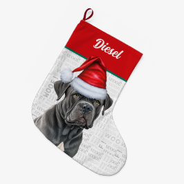 名前Woof Background付きクリスマスコルソ犬 ラージクリスマスストッキング
