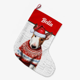 名前Woof Background付きクリスマスブルテリア ラージクリスマスストッキング