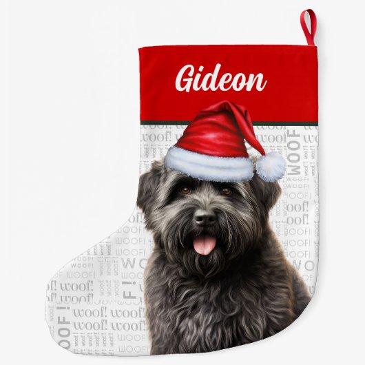 名前Woof Background付きクリスマスブービエ犬 ラージクリスマスストッキング (裏面)