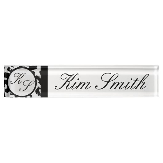 名札のヒョウのプリントのモノグラムの机の白黒 デスクネームプレート (正面)
