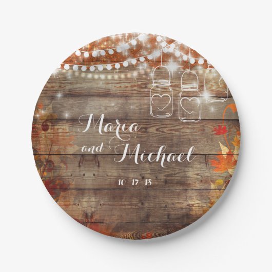 名札を結婚する素朴な秋の結婚式の秋 ペーパープレート (正面)