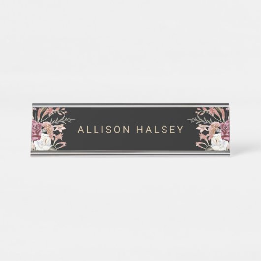 名素朴エレガント前の黒のBohoフローラ デスクネームプレート (正面)