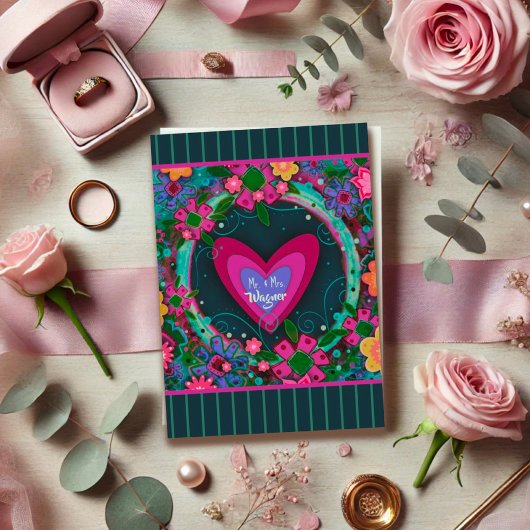 名結婚パーソナライズされたモダンハートストライプ カード