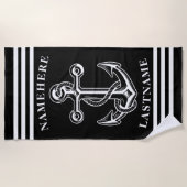 名航海のパーソナライズされた前ブラックいかり(ロープ付き) ビーチタオル (正面)