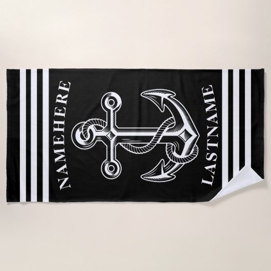 名航海のパーソナライズされた前ブラックいかり（ロープ付き） ビーチタオル (正面)